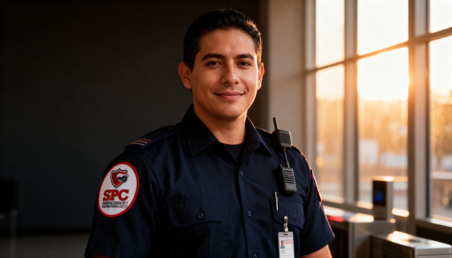Guardia de seguridad de SPC sonriendo en un acceso corporativo